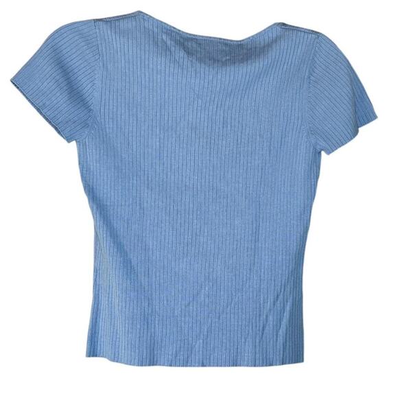 Blue Ribbed Short Sleeve Baby T-shirt Vintage Inspired Stretch Top - Picture 2 of 4